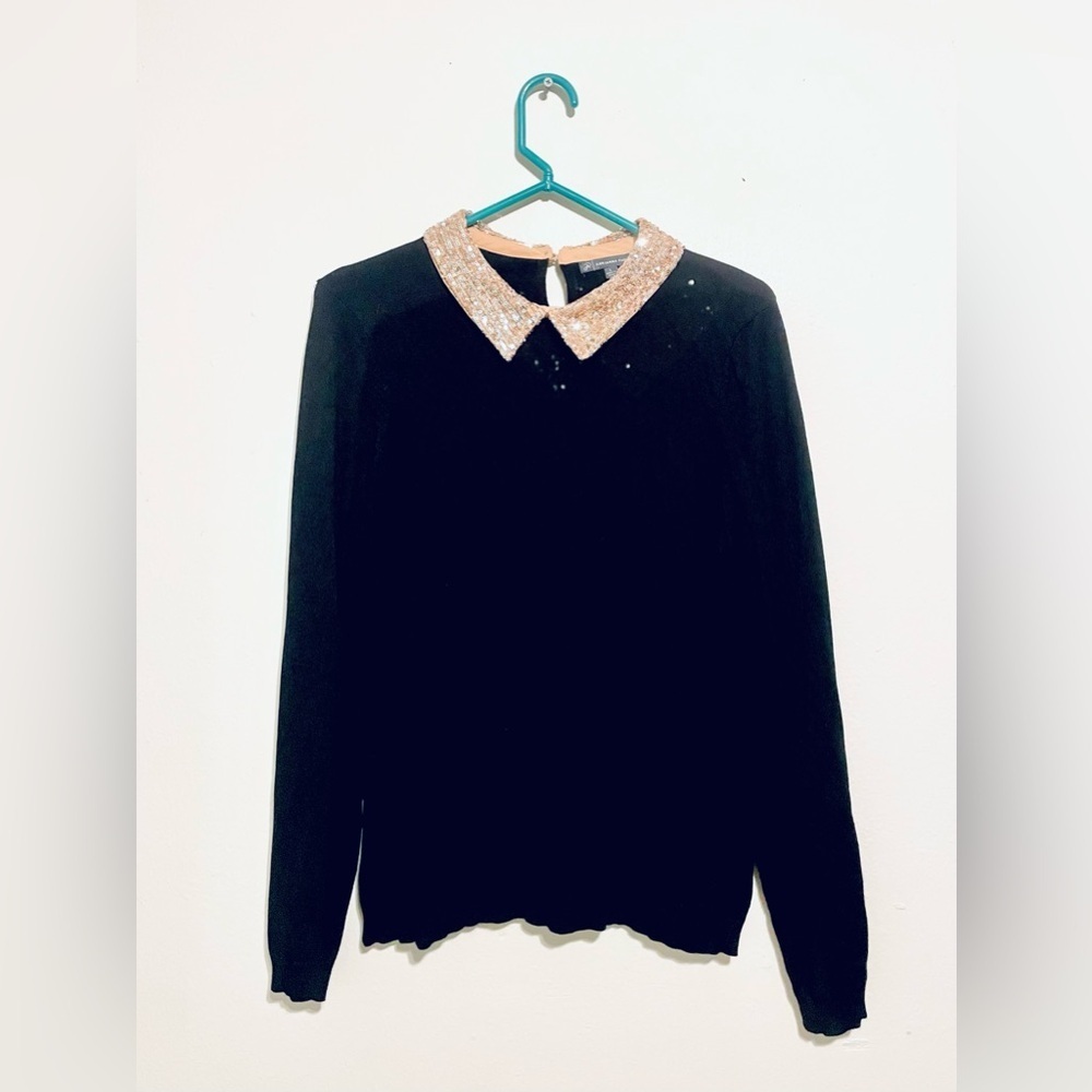 ADRIANNA PAPELL Black Knit Holiday Top with Gold Silver Sequin Collar Size L